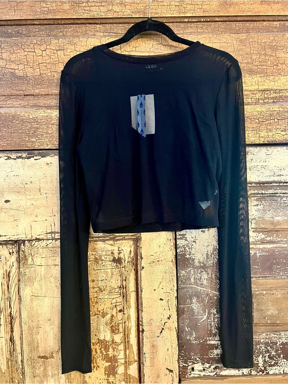 NWT Cider Sheer Mesh Long Sleeve Layered Crop Top Set Black - Picture 2 of 4